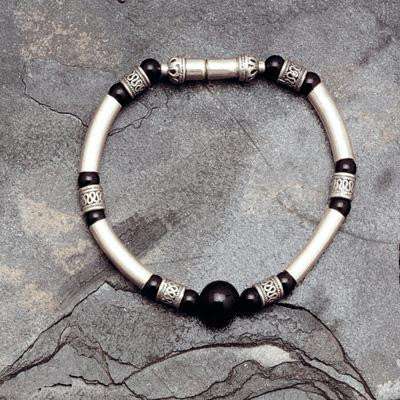 Beaded Stone Bracelet With Filigree Sterling Silver - Silver Tubed and Stone Beaded Bracelet Onyx (as shown)