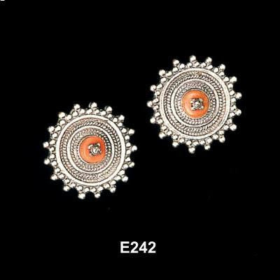 Ethnic Earrings - Disc Shaped Ethnic Earrings with Yemenite Motifs Coral (as shown)