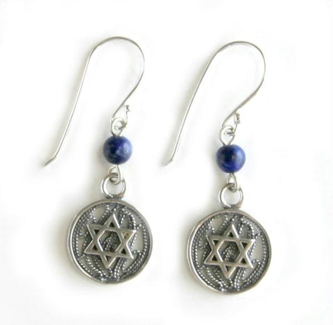 Ethnic Earrings - Round Star of David Kabbalah Earrings Onyx the Hebrew letter -shin-