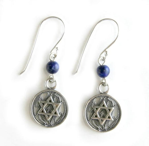 Ethnic Earrings - Round Star of David Kabbalah Earrings Turquoise hamsa - picture or drawing of a hand, used in the Middle East to ward off the evil