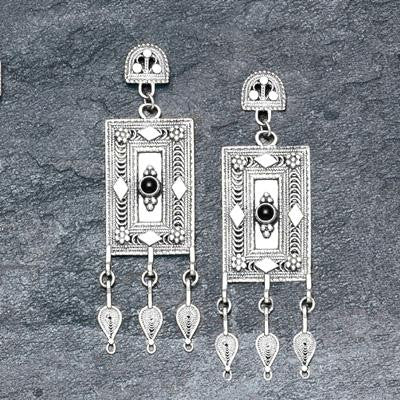 Ethnic Earrings - Rectangular Ethnic Silver Earrings Amethyst (purple)