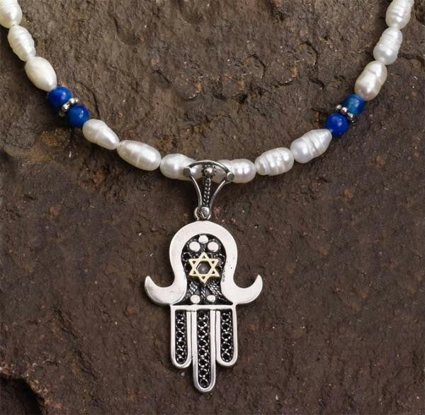 Handmade Ethnic Necklaces - Ethnic Necklace with Freshwater Pearls Lapis (solid blue)