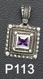 Ethnic Pendants and Pins - Square Ethnic Pin with Semi-Precious Stone Amethyst (as shown)