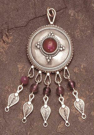 Ethnic Pendants and Pins - Five Tasseled Ethnic Silver Pendant Coral