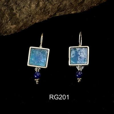 Handmade Roman Glass Earrings - Square Roman Glass Earrings with Beaded Stones