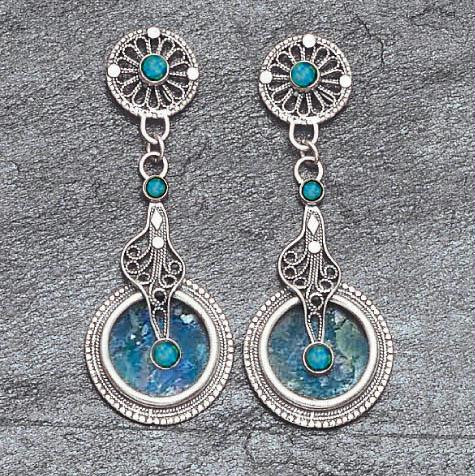Handmade Roman Glass Earrings - Filigree Dangling Roman Glass Earrings