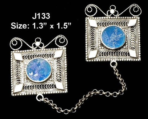 Sterling Silver Tallit Clips - Sterling Silver Genuine Roman Glass Tallit Clips