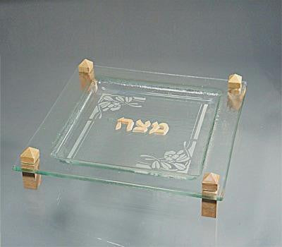 Glass Matzah Trays and Matzah Holders - Katzrin - Jerusalem Stone &amp; Glass Top Matzah Tray