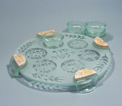 Glass Seder Plates - Euroham - Jerusalem Stone &amp; Glass Top Seder Plate