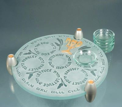 Glass Seder Plates - Kfar Vradim - Jerusalem Stone &amp; Glass Top Seder Plate