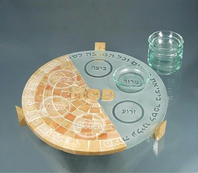 Jerusalem Stone Seder Plates - Glil Yam - Jerusalem Stone &amp; Glass Seder Plate