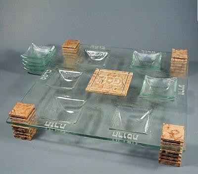 Glass Seder Plates - Azor Slot - Jerusalem Stone &amp; Glass Seder Plate