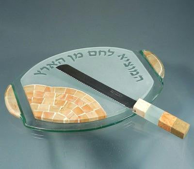 Glass Challah Boards - Bagel Jerusalem Stone Glass Top Challah Board Set