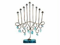 Metal Menorahs - Copper Tube and Glass Menorah Ornamented with hanging glass jewels