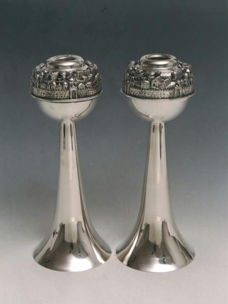 Sterling Silver Candlesticks - Jerusalem Globe Tapered Candlesticks