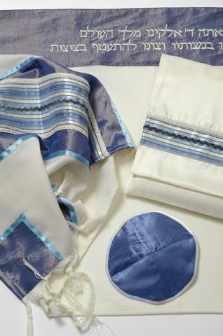 Bar Mitzvah Tallits - Light blue and silver stripes on wool talil Embroidered