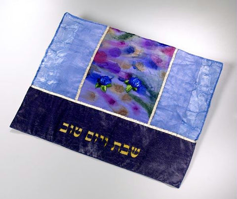 Challah Covers - Challah Cover - Blue Silk with Shabbat Shalom