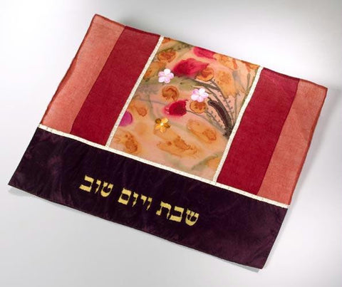 Challah Covers - Handmade Silk Challah Cover - Red Shabbat Shalom