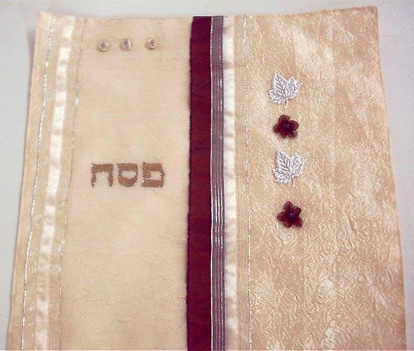 Silk Painted &amp; Embriodered Handmade Matzah Covers - Matzah cover - Four Flowers on Beige