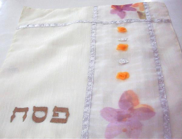 Silk Painted &amp; Embriodered Handmade Matzah Covers - Matzah Cover with Flowers