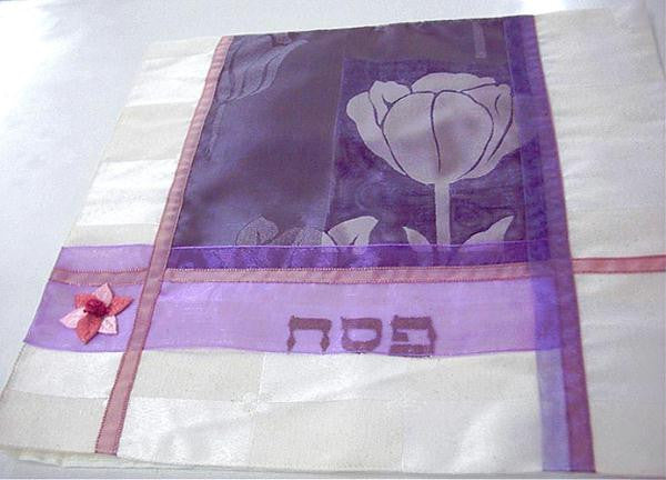 Silk Painted &amp; Embriodered Handmade Matzah Covers - Matzah Cover - Purple Flower