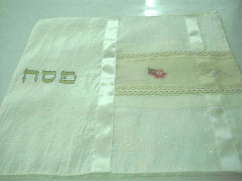 Silk Painted &amp; Embriodered Handmade Matzah Covers - Matzah Cover - Pink Flowers on White