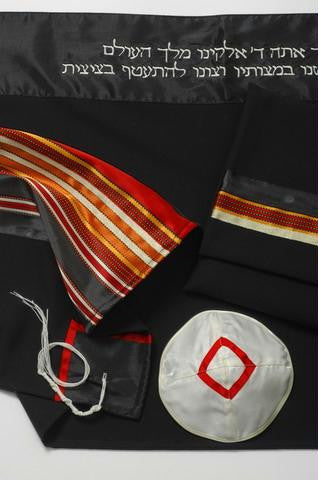 Modern Tallits for Men - Tallit Black with red and gold strips Synthetic Embroidered