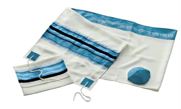 Modern Tallits for Men - Sky Blue Panels Tallit Embroidered Synthetic