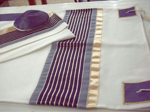 Modern Tallits for Men - Ancient Blue and Gold striped Tallit Embroidered Synthetic