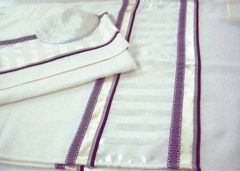 Modern Tallits for Men - Elegant White and Lavender Stripes Tallit Synthetic Embroidered