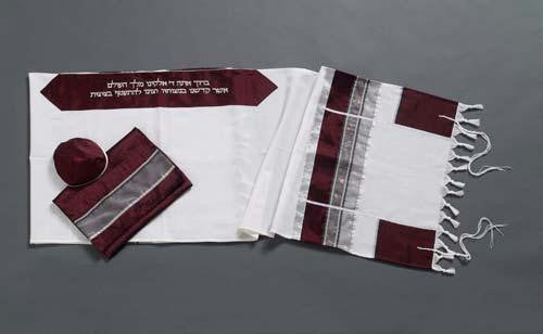 Modern Tallits for Men - Bordeaux and Silver Grey Tallit Synthetic Embroidered