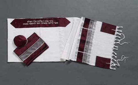 Modern Tallits for Men - Bordeaux and Silver Grey Tallit Wool Embroidered