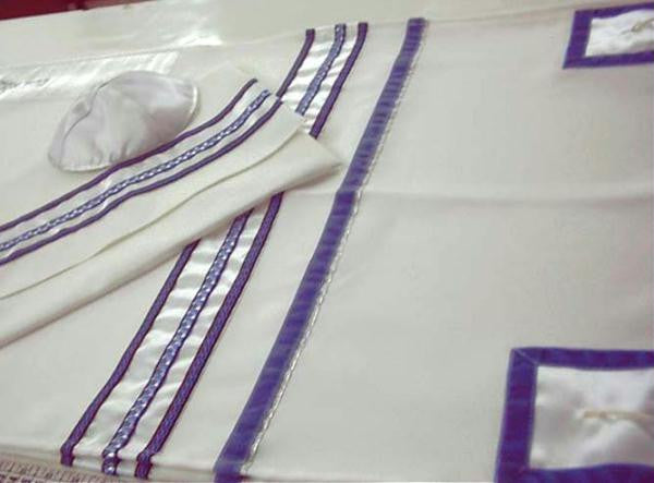 Modern Tallits for Men - Blue Lavender Stripes on White Tallit Synthetic Embroidered