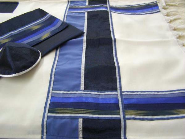 Modern Tallits for Men - Double Blue Stripe Tallit Synthetic Embroidered