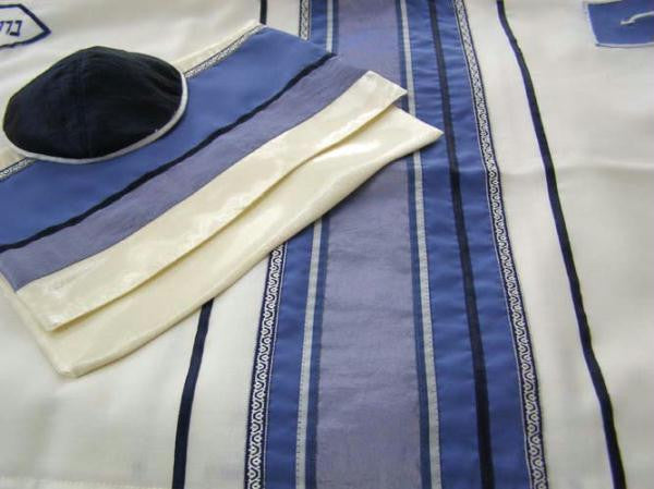 Modern Tallits for Men - Blue Strip on White Synthetic Embroidered