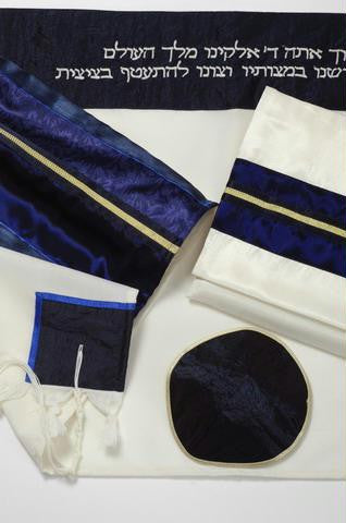 Modern Tallits for Men - Royal Blue Gold Striped Wool Tallit