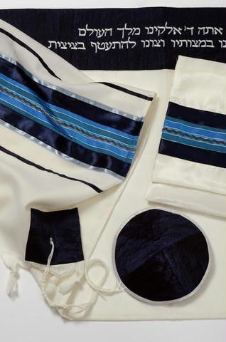 Modern Tallits for Men - Royal Sky Blue Striped Wool Tallit