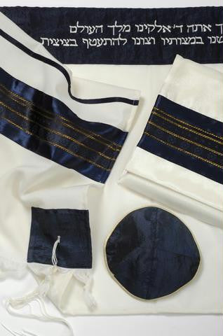 Modern Tallits for Men - Royal Blue Gold Striped Wool Tallit Synthetic Embrodered