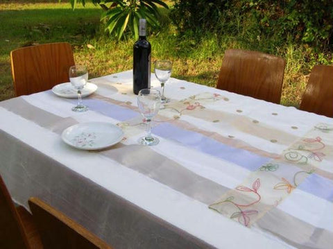 Table Linens - Linen Tablecloth with wide stripes in pastel colors 180 x 140cms. (72 x 55 Inches)