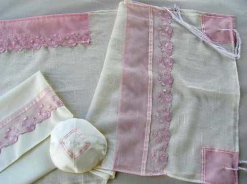 Women's Tallits - Pink Lace Panel Tallit Embroidered Dupoin Silk