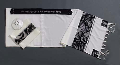 Women's Tallits - Tallit Black Roses Printed Dupion Silk