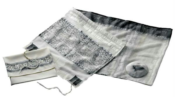 Women's Tallits - White Gray Silver Garden Tallit Embroidered Dupion Silk