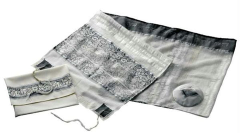 Women's Tallits - White Gray Silver Garden Tallit Embroidered Wool