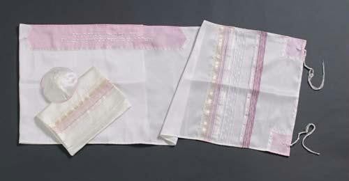 Women's Tallits - Cream and Pink Tallit Embroidered Dupion Silk