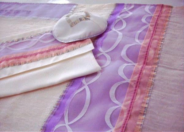 Women's Tallits - Pink and Lilac Multi Fabric Tallit Embroidered Dupion Silk