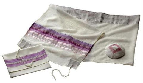 Women's Tallits - Pink Purple Straps Tallit Embroidered Dupion Silk