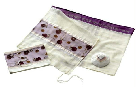 Women's Tallits - Purple Floral Tallit Embroiderd Dupion Silk