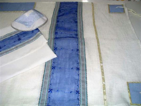 Women's Tallits - Blue &amp; White Tallit Embroidered Dupion