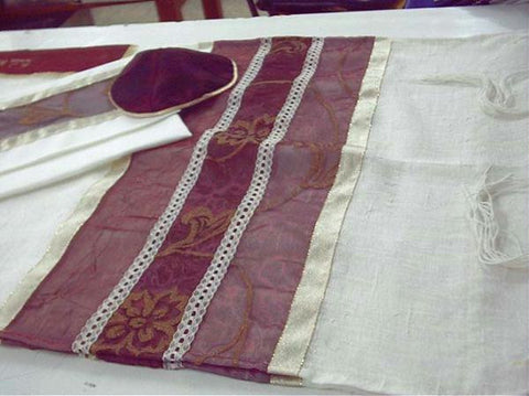 Women's Tallits - Golden Leaves on Purple Tallit Embroidered Dupion Silk