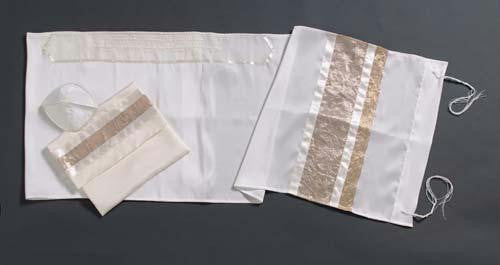 Women's Tallits - Champagne Strip Tallit Embroidered Dupion Silk